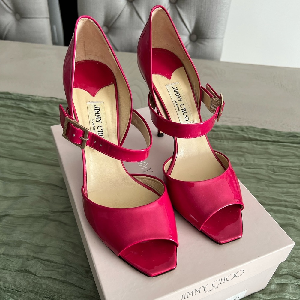 Jimmy Choo Fuchsia Patent Leather Open Toe Lumiere D'Orsay Pumps Women's EUR 41
